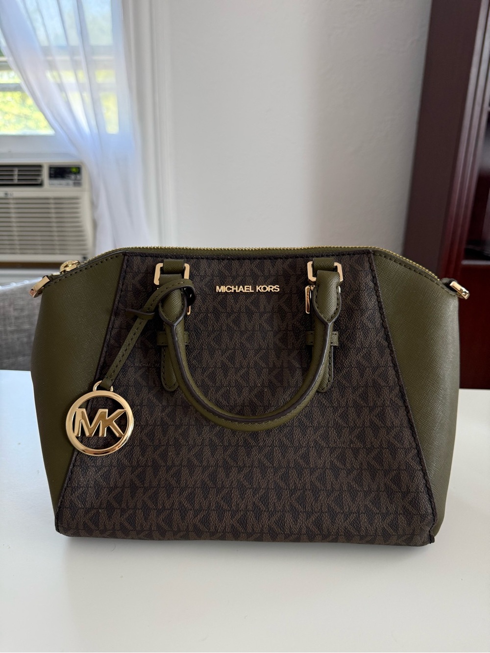 Michael Kors Olive and Brown Logo Satchel with Gold Charm